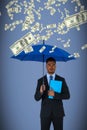 Composite image of portrait of serious businessman holding blue umbrella and file Royalty Free Stock Photo