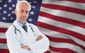 Composite image of portrait of a serious confident male doctor at medical office Royalty Free Stock Photo