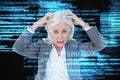 Composite image of portrait of stressed businesswoman with hands on head Royalty Free Stock Photo