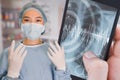 Composite image of portrait of surgeon woman reading for surgery