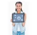 Composite image of pretty student showing her tablet pc Royalty Free Stock Photo