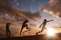 Composite image of profile view of sportswoman practising discus throw Royalty Free Stock Photo