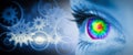 Composite image of pyschedelic eye on blue face Royalty Free Stock Photo