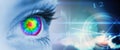 Composite image of pyschedelic eye on blue face Royalty Free Stock Photo