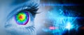 Composite image of pyschedelic eye on blue face Royalty Free Stock Photo