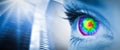 Composite image of pyschedelic eye on blue face Royalty Free Stock Photo