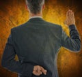 Composite image of rear view of businessman taking oath with fingers crossed Royalty Free Stock Photo