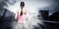 Composite image of rear view of woman running against white background Royalty Free Stock Photo