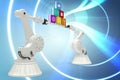 Composite image of robotic hands holding computer icons over blue background Royalty Free Stock Photo