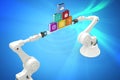 Composite image of robotic hands holding multi colored computer icons over white background