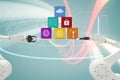 Composite image of robotic hands holding multi colored computer icons over white background