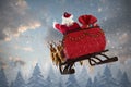 Composite image of santa claus riding on sled with gift box