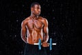 Composite image of serious fit shirtless young man lifting dumbbell Royalty Free Stock Photo