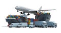 A composite image showing a plane, cargo ships, trucks and vans on a white background illustration Royalty Free Stock Photo
