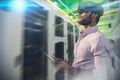 Composite image of side view of businessman holding virtual glasses and tablet computer Royalty Free Stock Photo