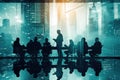 Composite image: silhouetted figures in corporate setting, central presenter, and urban skyline overlay. Cool blues Royalty Free Stock Photo