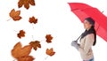 Composite image of smiling brunette holding red umbrella Royalty Free Stock Photo