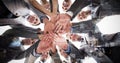 Composite image of smiling business team standing in circle hands together Royalty Free Stock Photo