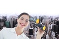 Composite image of smiling business woman with binoculars Royalty Free Stock Photo