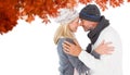 Composite image of smiling cute couple romancing over white background Royalty Free Stock Photo