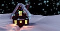 Composite image of snowflakes and snow covered illuminated house at night, copy space Royalty Free Stock Photo