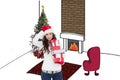 Composite image of stressed brunnette in santa hat holding gifts Royalty Free Stock Photo