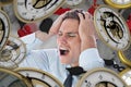 Composite image of stressed businessman with hands on head Royalty Free Stock Photo