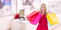 Composite image of stylish blonde in red dress holding shopping bags Royalty Free Stock Photo