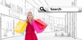 Composite image of stylish blonde in red dress holding shopping bags Royalty Free Stock Photo