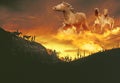 Composite image of a sunset in the western desert with fiery spectral ghost horses in the sky