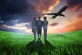 Composite image of team of businesswomen looking at camera with airplane