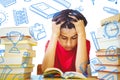 Composite image of tensed boy sitting with stack of books Royalty Free Stock Photo