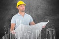 Composite image of thoughtful male architect holding blueprint