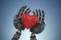 Composite image of three dimensional image of cyborg holding heart shape decoration 3d