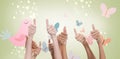 Composite image of thumbs raised and hands up Royalty Free Stock Photo