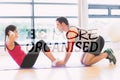 A Composite image of trainer helping woman do abdominal crunches in gym