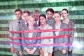 Composite image of upset business team fastened with adhesive tape