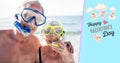 Composite image of valentines text and senior couple scuba diving