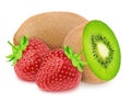 Composite image with whole and halved kiwi and strawberry isolated on a white background Royalty Free Stock Photo