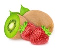 Composite image with whole and halved kiwi and strawberry isolated on a white background Royalty Free Stock Photo