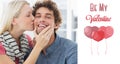 Composite image of woman kissing man on his cheek