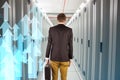 Composite image of young geeky businessman holding briefcase