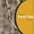 Composite of international earth day and april 22nd text in yellow curve over close-up of dead plant