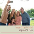 Composite of international migrants day and caucasian man taking selfie with family over cellphone