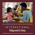 Composite of international migrants day text and african american mother feeding daughter at home