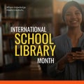 Composite of international school library month, biracial woman in hijab using cellphone in library