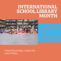 Composite of international school library month text and diverse teacher with children reading books