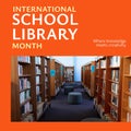 Composite of international school library month and various books arranged on shelves in library