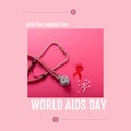 Composite of join the support on world aids day text, stethoscope, aids awareness ribbon and pills Royalty Free Stock Photo
