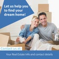 Composite of let us help you to find your dream home text over caucasian couple with moving boxes